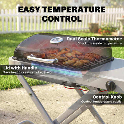 Foldable Suitcase Gas BBQ Grill | 2.5kW | 1800cm² | Wheeled | Side Table | Thermometer | Grease Tray | LPG/Propane | 109x55x89cm | Black