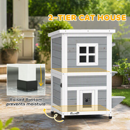 2-Floor Wooden Outdoor Cat House | Fir Wood | Water-Resistant Paint | Elevated Base | Jump Platforms | 3 Doors & Windows | Openable Roof | Litter Tray Space | Max 5kg Per Cat | 51x51x81.3cm | Grey