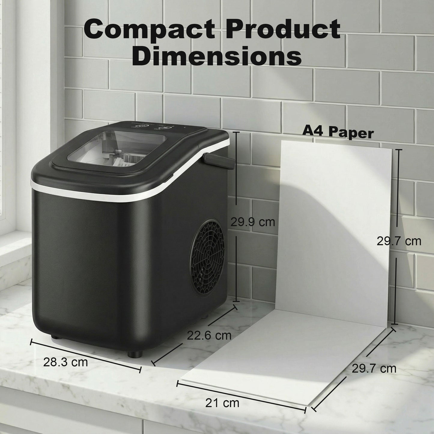Countertop Ice Maker | 9 Cubes in 7 Mins | 12kg Daily | 2 Sizes | Self-Clean | Black