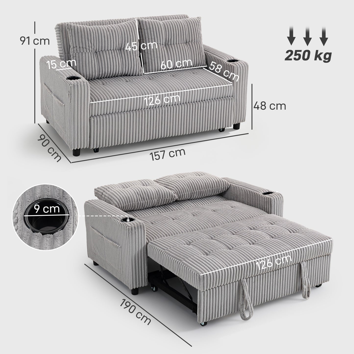 2 Seater Click Clack Sofa Bed with Pull Out Design, Corduroy Upholstery - Light Grey
