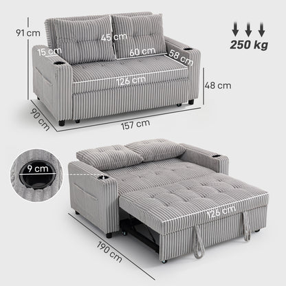 2 Seater Click Clack Sofa Bed with Pull Out Design, Corduroy Upholstery - Light Grey
