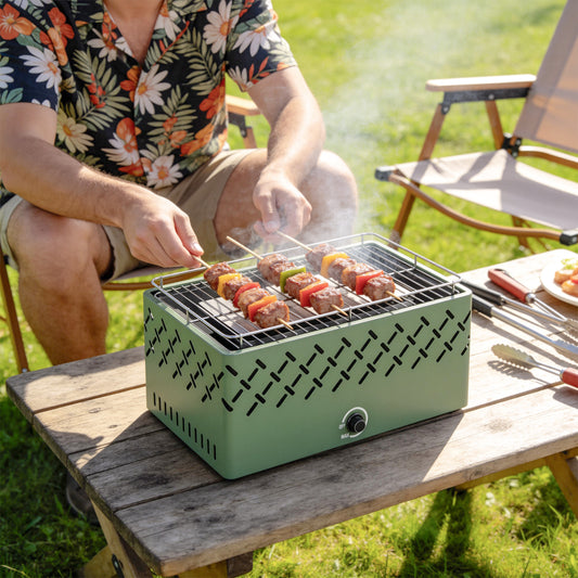 Portable Battery-Powered Charcoal BBQ Grill – Built-In Fan, Stepless Heat Control, 600°C Rated, 45.5x29cm Grill Surface, For Camping & Garden – Light Green