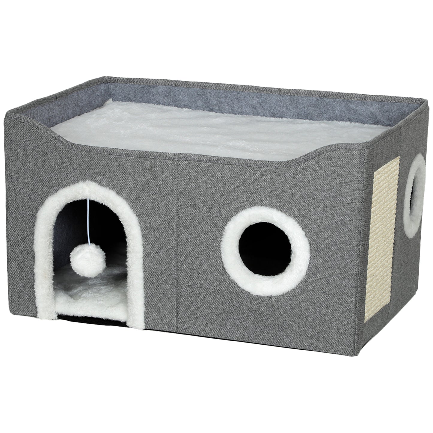 PawHut Cat Bed for Indoor Pets, Foldable Cat House with Fluffy Ball and Scratch Pad for Small and Medium Pets, Grey