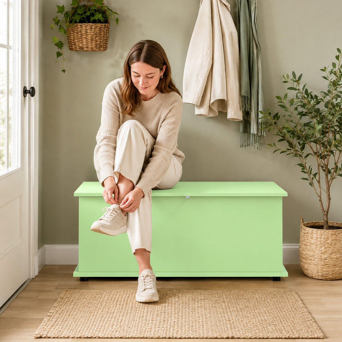 114L Green Storage Chest Bench | Wooden Blanket Box | Safety Hinge | 120kg Seat Capacity | Bedroom, Hallway & Living Room