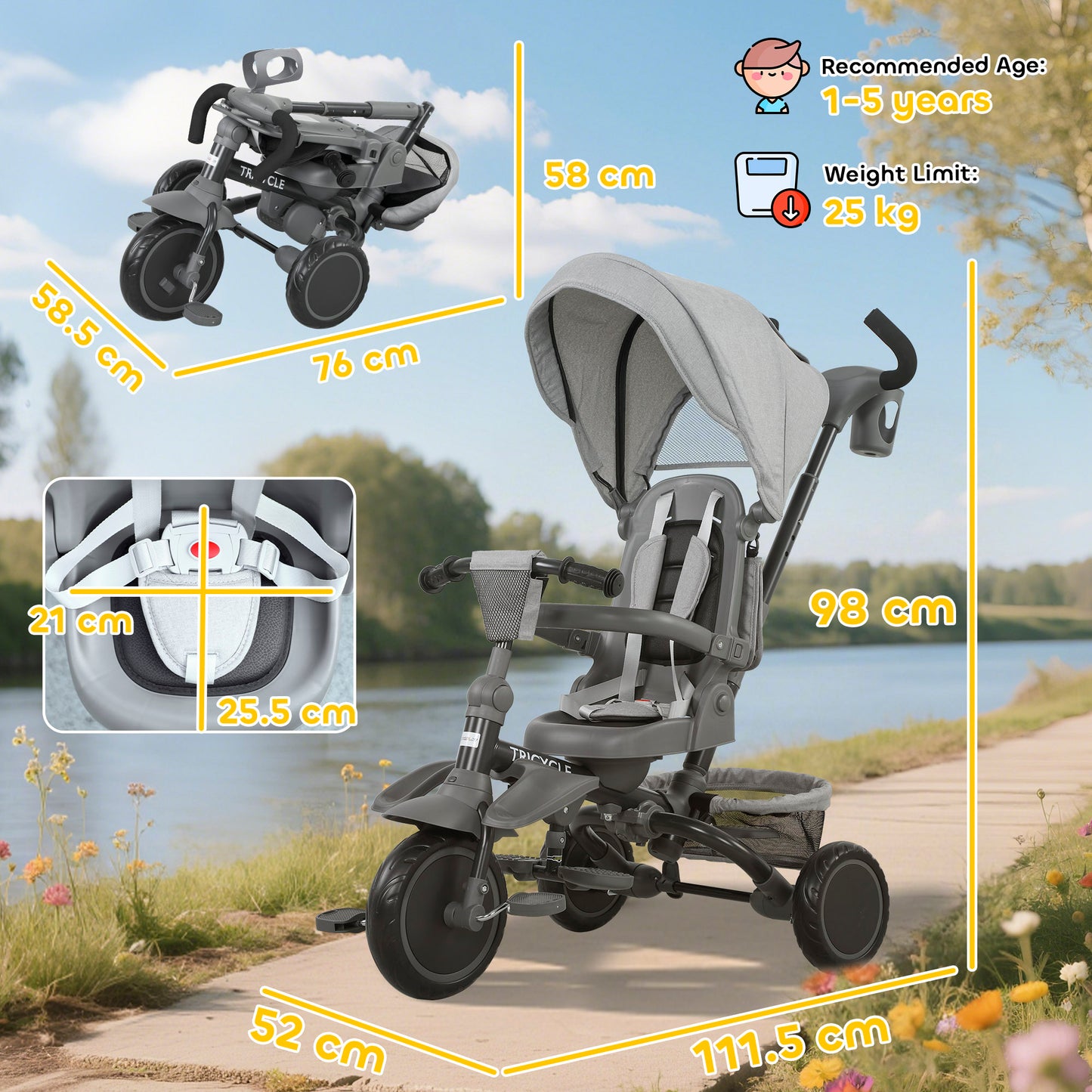 AIYAPLAY 6 in 1 Foldable Kids Trike with Adjustable Parent Handle & Canopy for Ages 1-5, Grey / Black / Pink