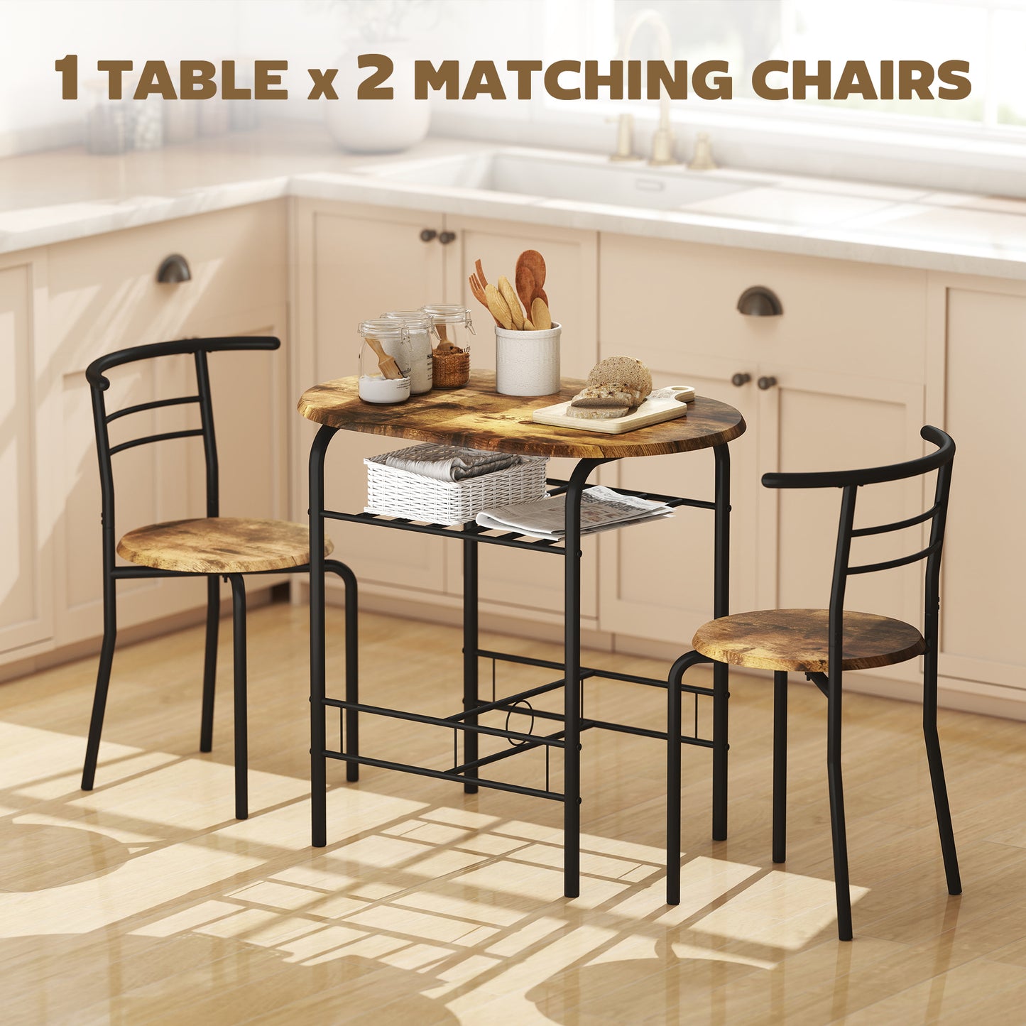 Three-Piece Compact Small Space Dining Set - Rustic Brown