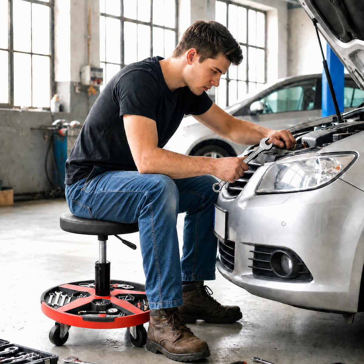 Black Rolling Mechanic Stool | 40-52 cm Adjustable Workshop Seat with 360° Swivel, Tool Tray, Bottle Holders & 135 kg Capacity