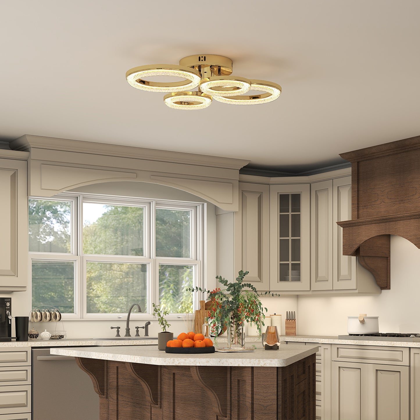 LED Ceiling Light, Modern 4 Rings Ceiling Lamp with Wall Switch Control, 40W 4350lm Flush Mount Ceiling Light with 3500K/4500K/6000K Colour Temperatures for Living Room, Bedroom, Gold Tone