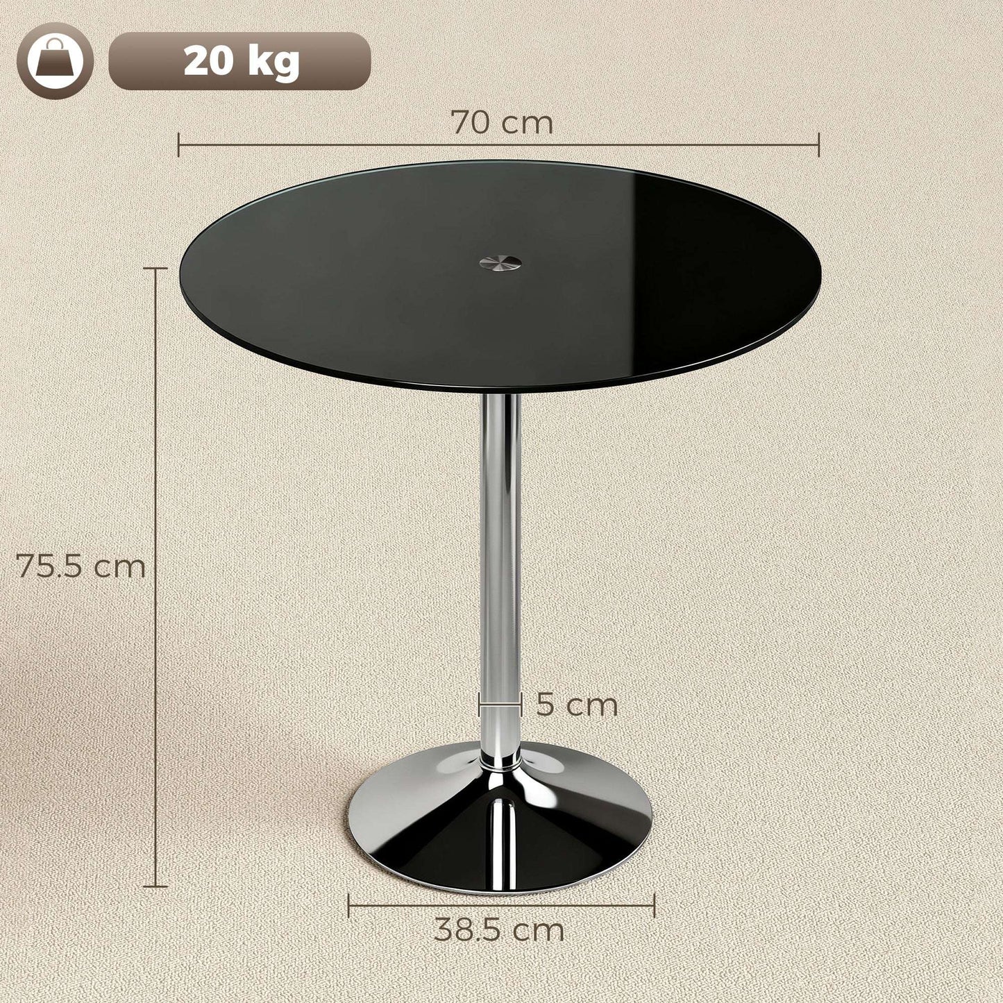 Round Bistro Dining Table | 8mm Tempered Glass Top | Steel Frame | Non-Slip Foot | Ø70x75.5cm | 20kg | Black