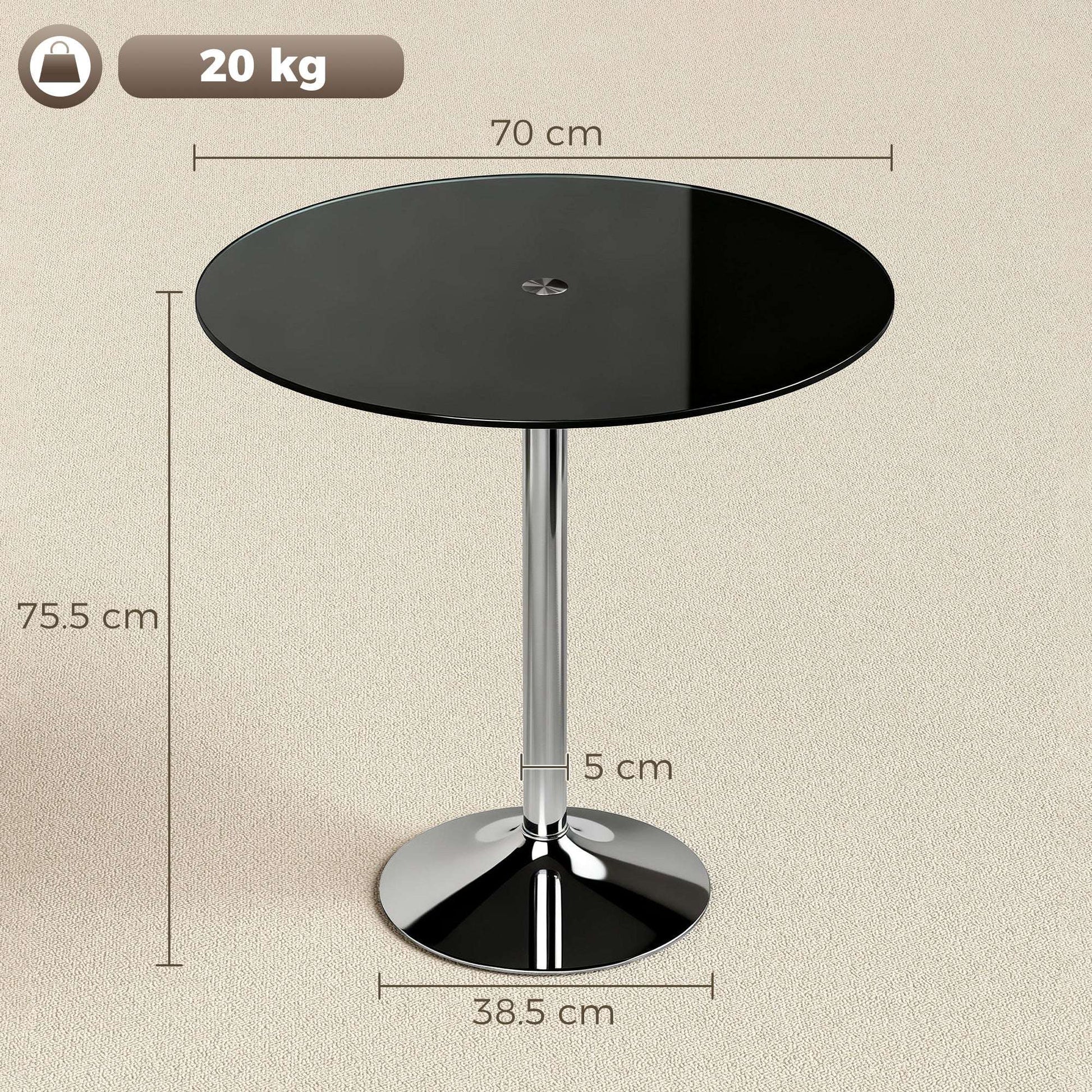 Round Bistro Dining Table | 8mm Tempered Glass Top | Steel Frame | Non-Slip Foot | Ø70x75.5cm | 20kg | Black