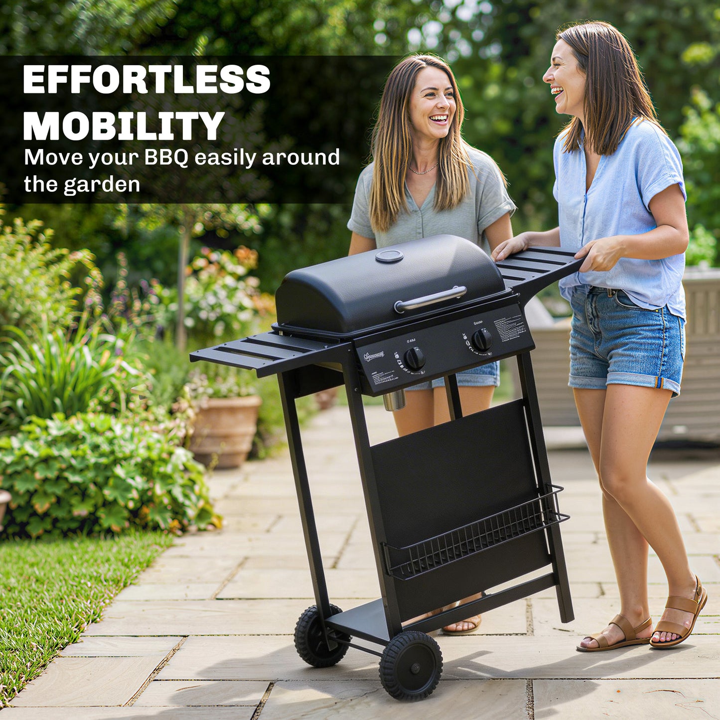 2 Burner Gas BBQ Grill | 1800cm² Enamel Grid | Side Tables | Warming Rack | Lid Thermometer | Grease Tray | UKCA | Black