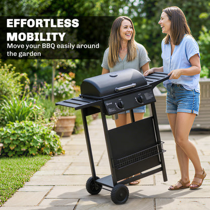 2 Burner Gas BBQ Grill | 1800cm² Enamel Grid | Side Tables | Warming Rack | Lid Thermometer | Grease Tray | UKCA | Black