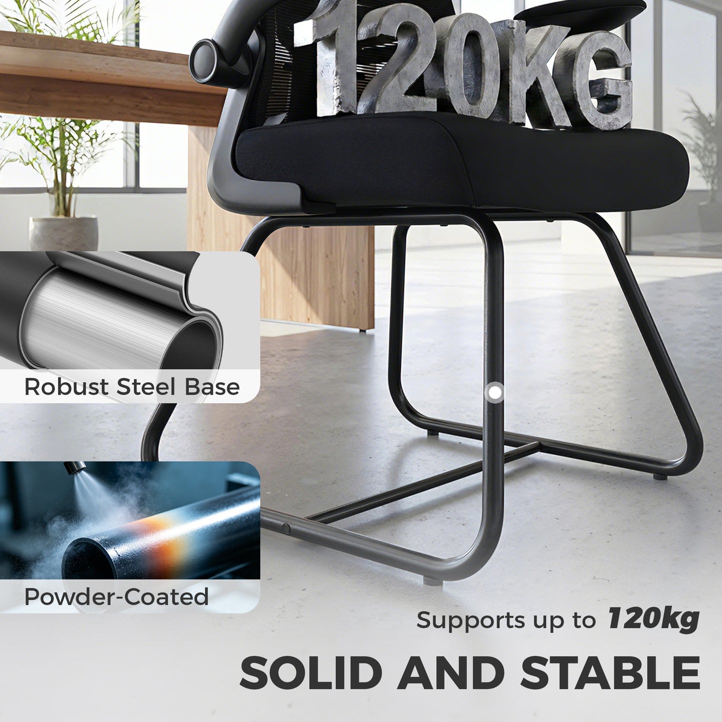 Mesh Office Reception Chair | Flip-Up Arms | Lumbar Support | Steel Base | Black | 120kg | 921-957V70BK
