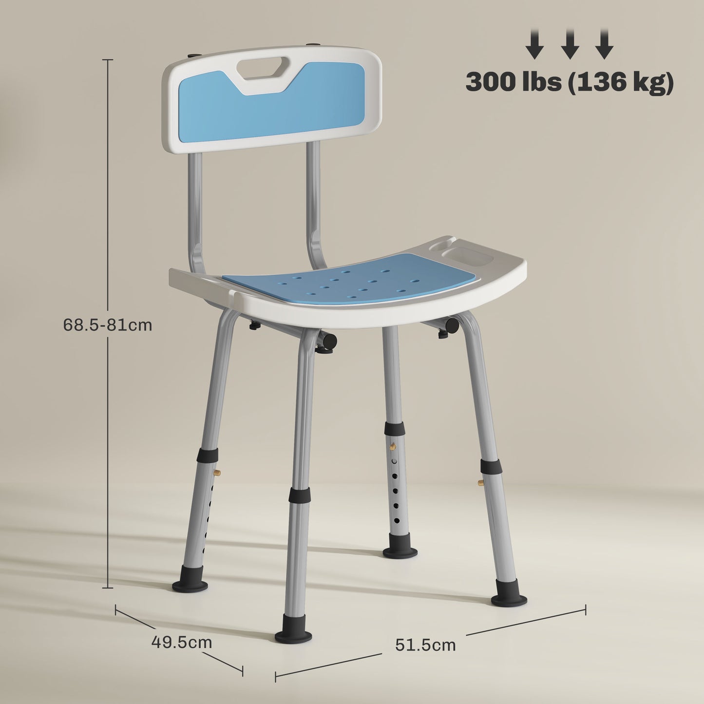 Shower Stool with Backrest, Height Adjustable Chair with Anti-slip Foot Pads And Shower Head Holder, Light Blue