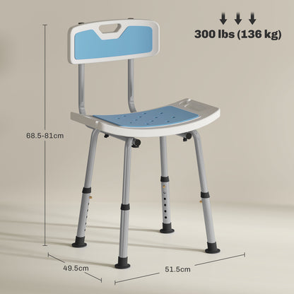 Shower Stool with Backrest, Height Adjustable Chair with Anti-slip Foot Pads And Shower Head Holder, Light Blue
