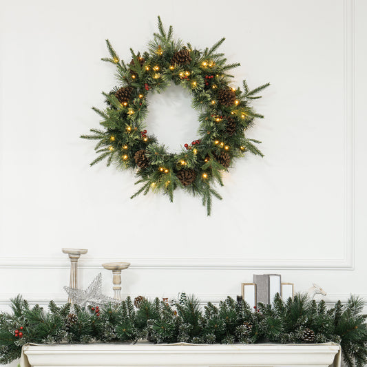 60cm Pre-Lit Christmas Wreath for Front Door with LED Lights, Pine Cones and Red Berries, Winter Wreath for Windows, Wall Decoration, Green