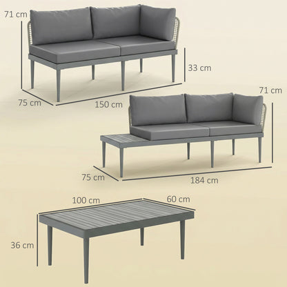 3-Piece Rattan Garden Sofa Set | 2 Loveseats | Acacia Wood End Table & Coffee Table | 10cm Seat & 20cm Back Cushions | Washable Covers | 320kg Capacity | PE Rattan & Steel | Grey