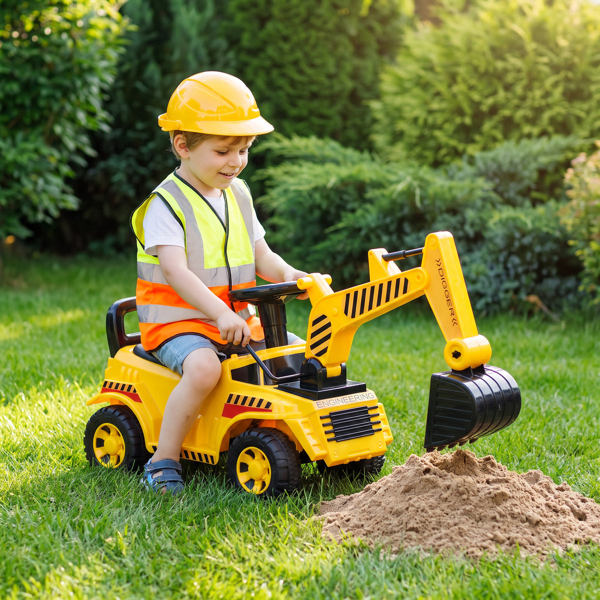 AIYAPLAY Kids Ride-On Digger | Foot-Powered Excavator | Detachable Digging Arm & Bucket | Horn & Helmet | Yellow & Black | Ages 1–4