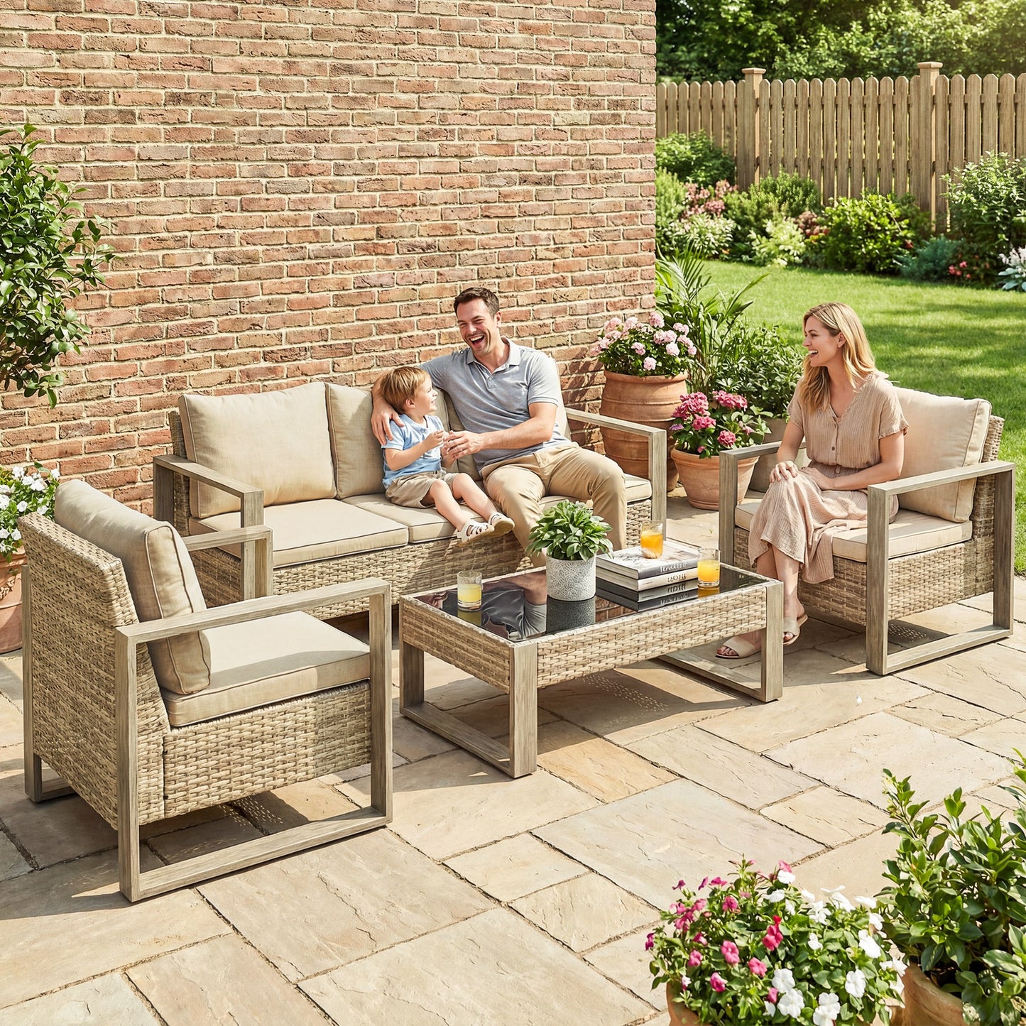 4-Piece PE Rattan Garden Sofa Set | 3-Seater Sofa | 2 Armchairs | Tempered Glass Coffee Table | Wood-Effect Aluminium Frame | 8cm Seat & 20cm Back Cushions | Non-Slip Mats | Washable Covers | Khaki