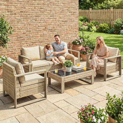 4-Piece PE Rattan Garden Sofa Set | 3-Seater Sofa | 2 Armchairs | Tempered Glass Coffee Table | Wood-Effect Aluminium Frame | 8cm Seat & 20cm Back Cushions | Non-Slip Mats | Washable Covers | Khaki