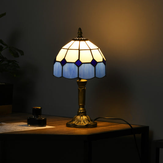 Handmade Stained Glass Table Lamp, Antique Style Bedside Lamp for Bedroom, Living room, Home, Nightstand, Decorative Night Light, Blue