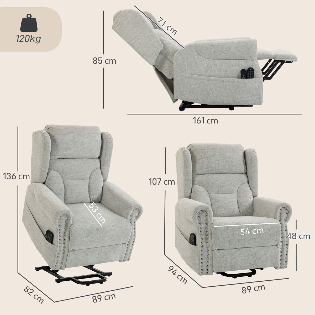 Power Lift Riser Recliner Chair with 8-Point Massage & Lumbar Heat | 45° Lift 150° Recline | Chenille Upholstery | USB Charging | 35cm Wall Clearance | 120kg Capacity | Light Grey | 89x94x107cm