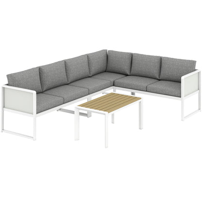 6-Seater Modular Garden Sofa Set | 3 Loveseats | Texteline Seating | Wood-Effect Slatted Coffee Table | Powder-Coated Metal Frame | 200gsm Cushions | 8cm Seat & 10cm Back | Washable Covers | 240kg | White