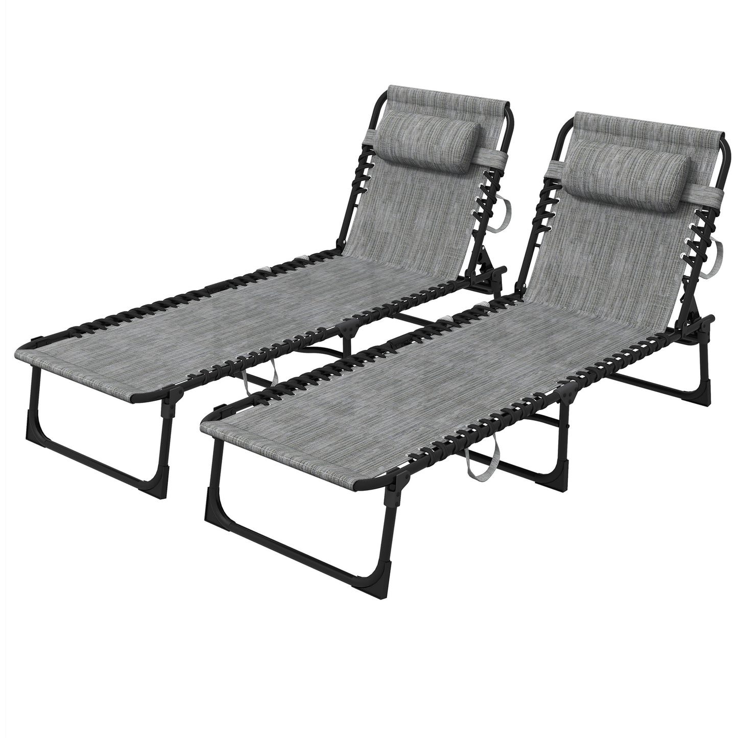 Portable Sun Lounger Set of 2, Folding Camping Bed Cot, Reclining Lounge Chair 5-position Adjustable Backrest with Side Pocket, Pillow - Mixed Grey