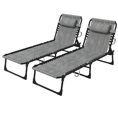 Portable Sun Lounger Set of 2, Folding Camping Bed Cot, Reclining Lounge Chair 5-position Adjustable Backrest with Side Pocket, Pillow - Mixed Grey