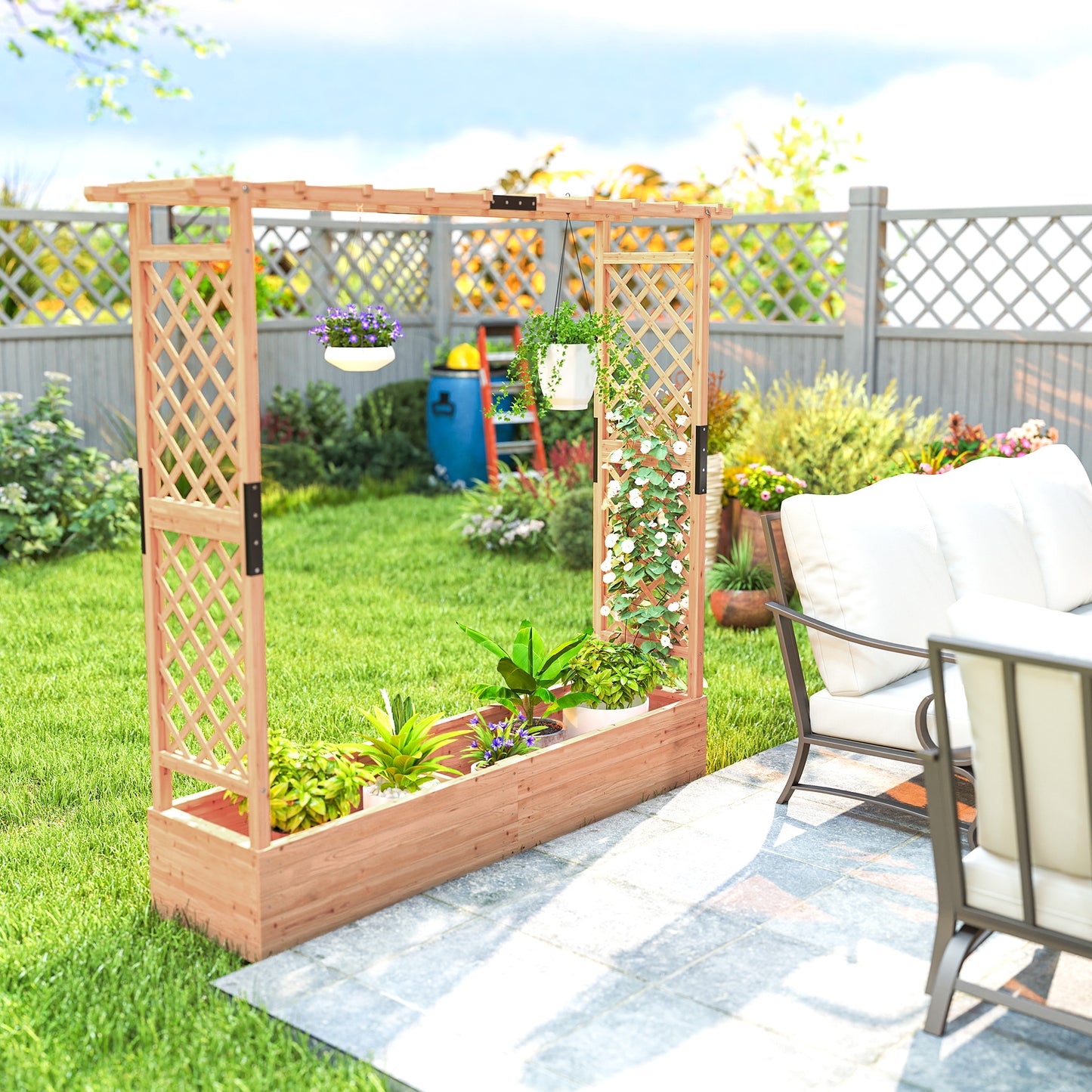 Fir Wood Garden Raised Bed with Double Trellis & Hanging Rails | 171x39cm Planting Bed | 4 Drainage Holes | 10kg Trellis Capacity | 196x44x181cm | Natural Wood Finish