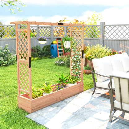 Fir Wood Garden Raised Bed with Double Trellis & Hanging Rails | 171x39cm Planting Bed | 4 Drainage Holes | 10kg Trellis Capacity | 196x44x181cm | Natural Wood Finish