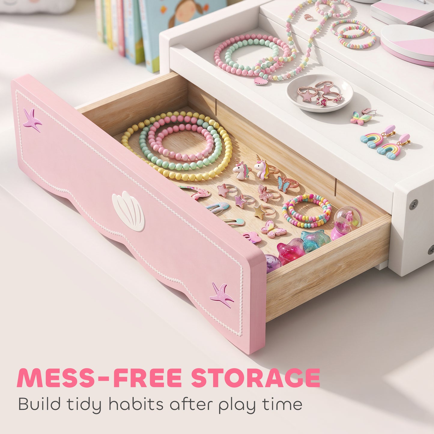 Kids Vanity Table | Girls Dressing Table | 4 Lights | Mirror | Drawer | 8 Accessories | Ages 3–6 | 31x27x33.2cm | Pink