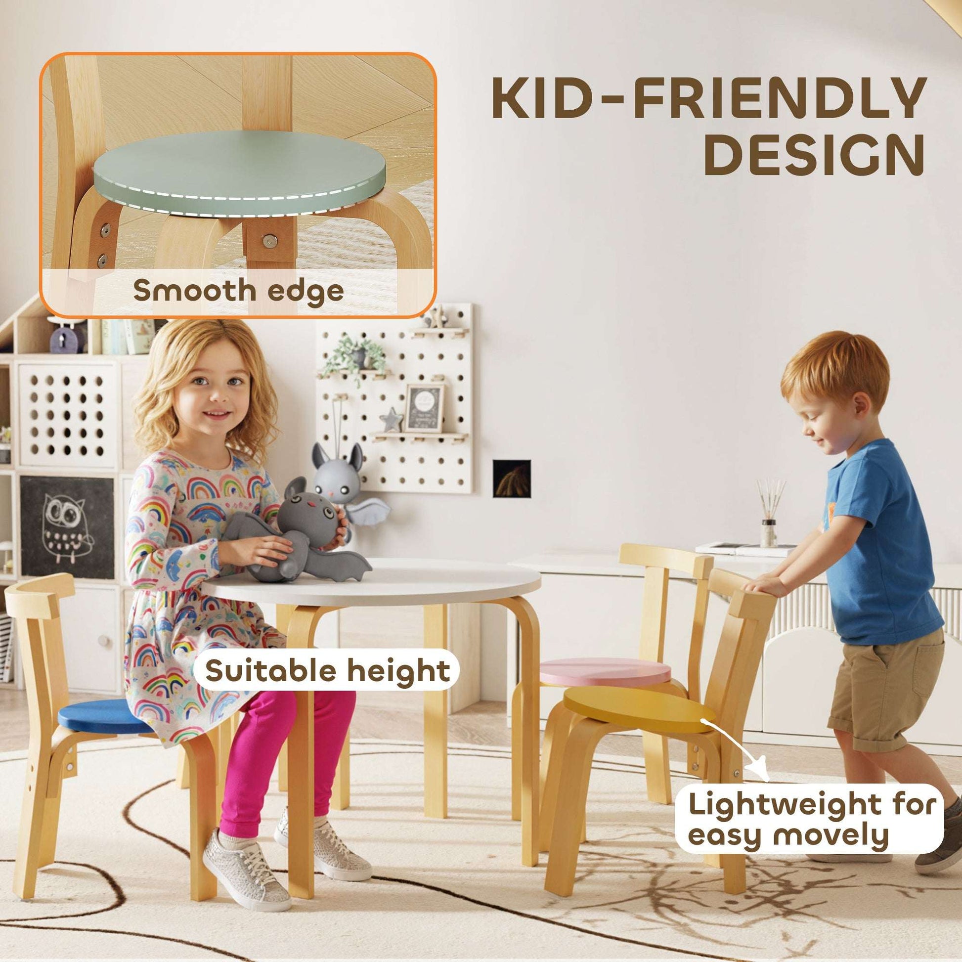 5-Piece Kids Table & 4 Chairs Set | Solid Poplar Wood | Rounded Edges | Easy-Clean Surface | EN71 Safety Certified | Ages 3-8 | 60x60x50cm Table | Multicolour