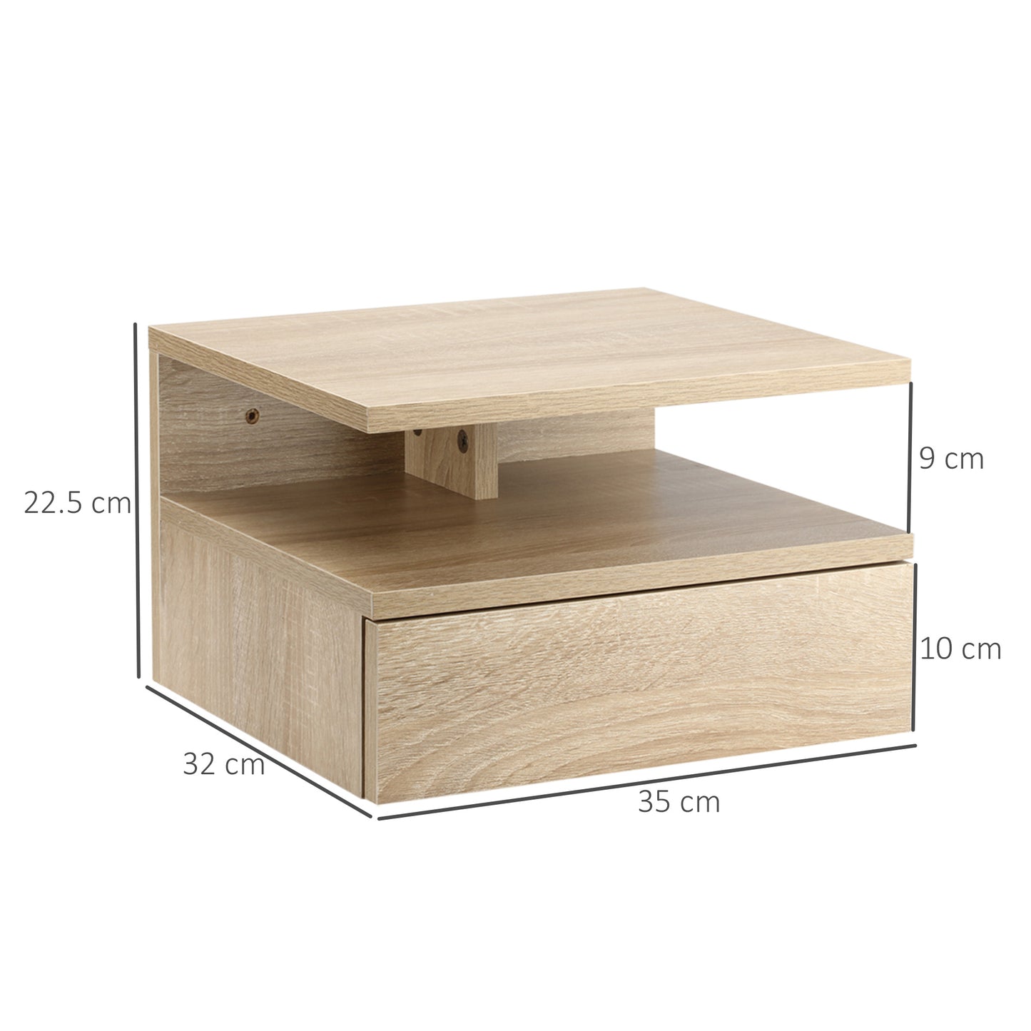 Floating Bedside Cabinet with Drawer and Open Shelf, Wall Mounted Nightstands, Bedside Table with Storage, Oak Tone