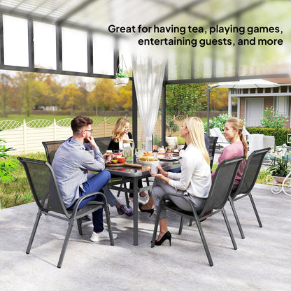 7-Piece Garden Dining Set | 6 Mesh Armchairs & Glass Table | Parasol Hole | 120kg | Charcoal Grey
