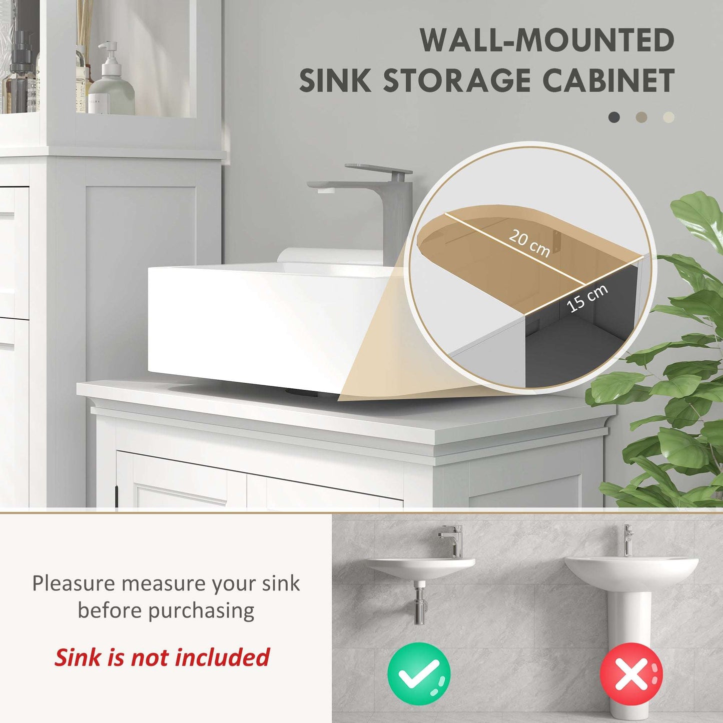 Under Sink Bathroom Cabinet, Freestanding Bathroom Sink Cabinet with Adjustable Shelf for Wall-Mounted Sinks, 60 x 30 x 60cm, White