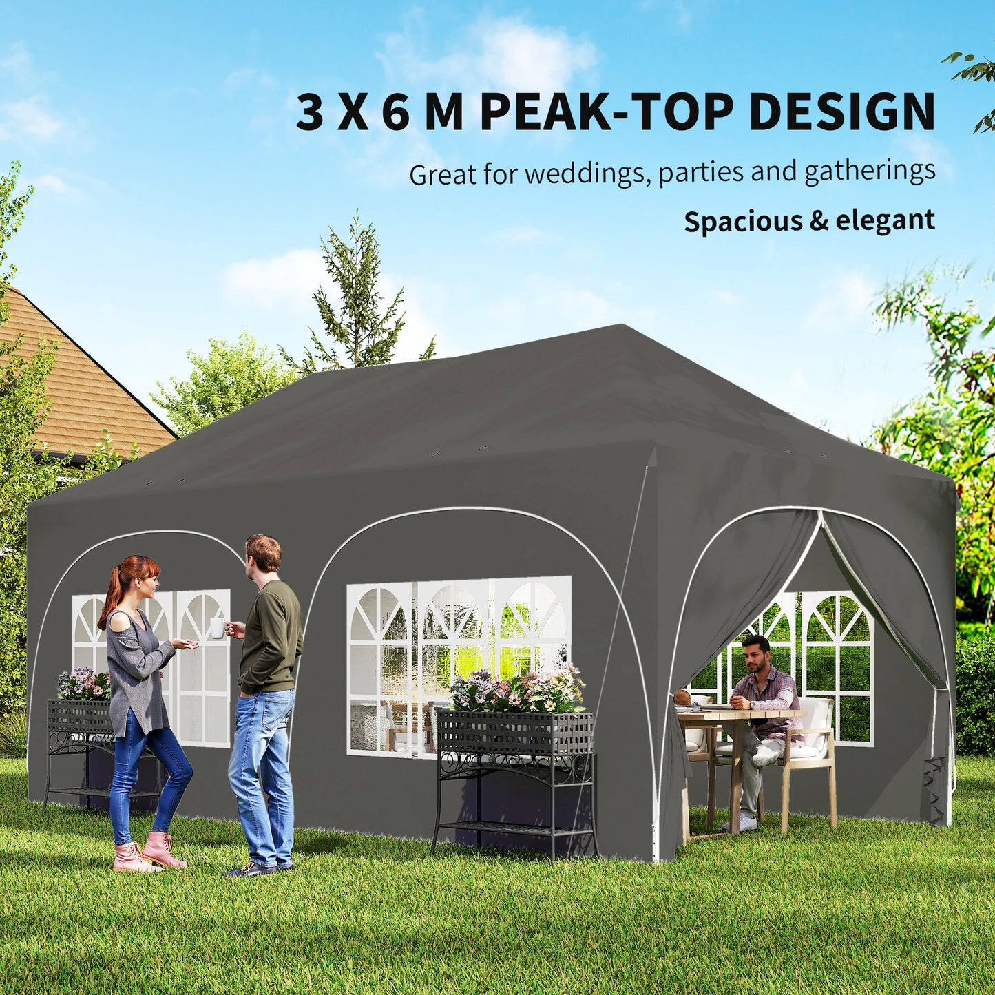 3x6m Pop Up Gazebo | UPF30+ 210D Oxford | Peak Top | 6 Sidewalls | 4 Windows | 2 Zip Doors | 6 Sandbags | 15-20 People | Wind Level 4-6 | Dark Grey