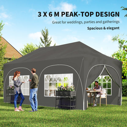 3x6m Pop Up Gazebo | UPF30+ 210D Oxford | Peak Top | 6 Sidewalls | 4 Windows | 2 Zip Doors | 6 Sandbags | 15-20 People | Wind Level 4-6 | Dark Grey