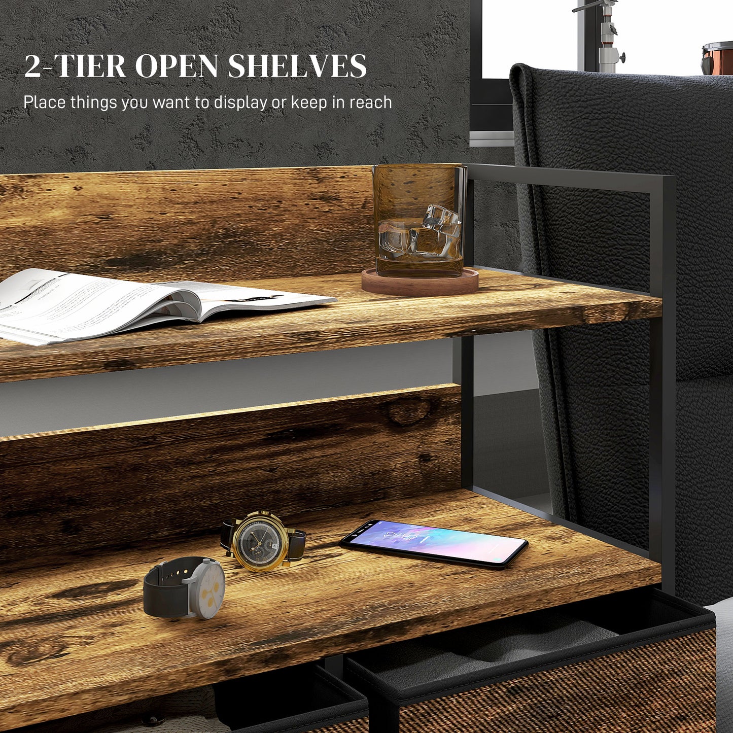 Retro Rustic Style Chest of Five Fabric Drawers - Brown Wood Effect