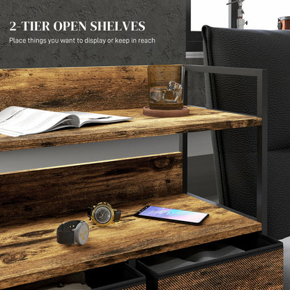 Retro Rustic Style Chest of Five Fabric Drawers - Brown Wood Effect