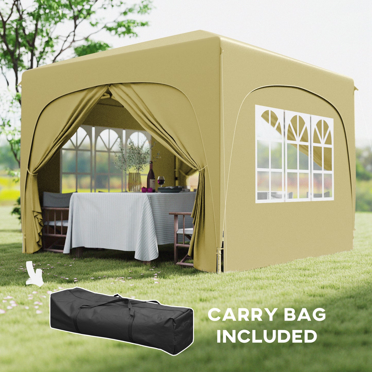 3x3m Pop-Up Gazebo | UPF50+ Oxford Fabric | 3-Height Adjustment 253-273cm | 2 Windows & Dual Doors | 8 Drainage Holes | 4 Guy Ropes & 12 Ground Stakes | Carry Bag | Fits 6-9 People | Sand