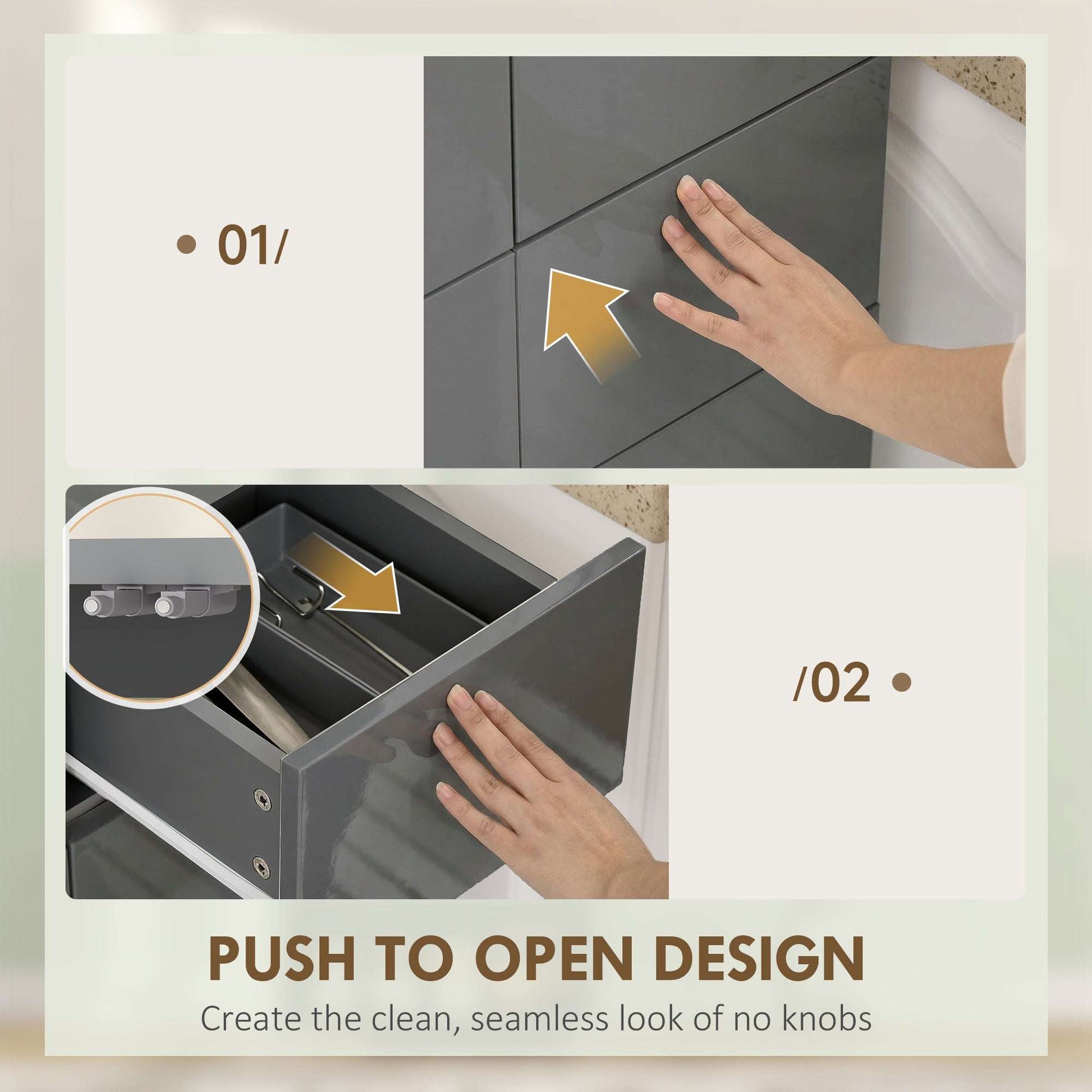 Storage Cabinet, Kitchen Cupboard with 3 Adjustable Shelves, 60L x 35W x 170H cm, High Gloss Grey