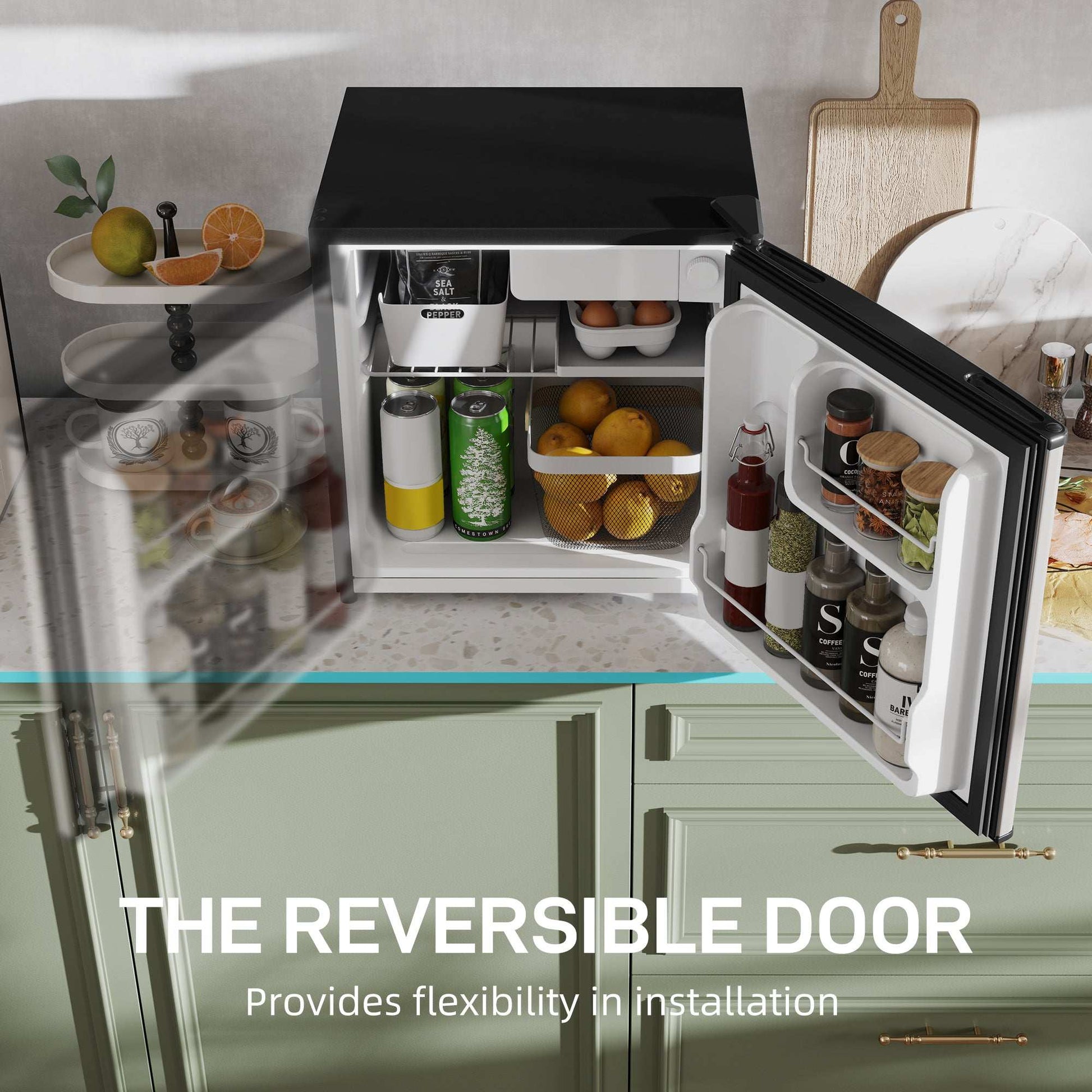 46 Litre Table Top Mini Fridge, Small Fridge with Ice Box, Reversible Door, Adjustable Temperature and Legs for Bedrooms, Home Office