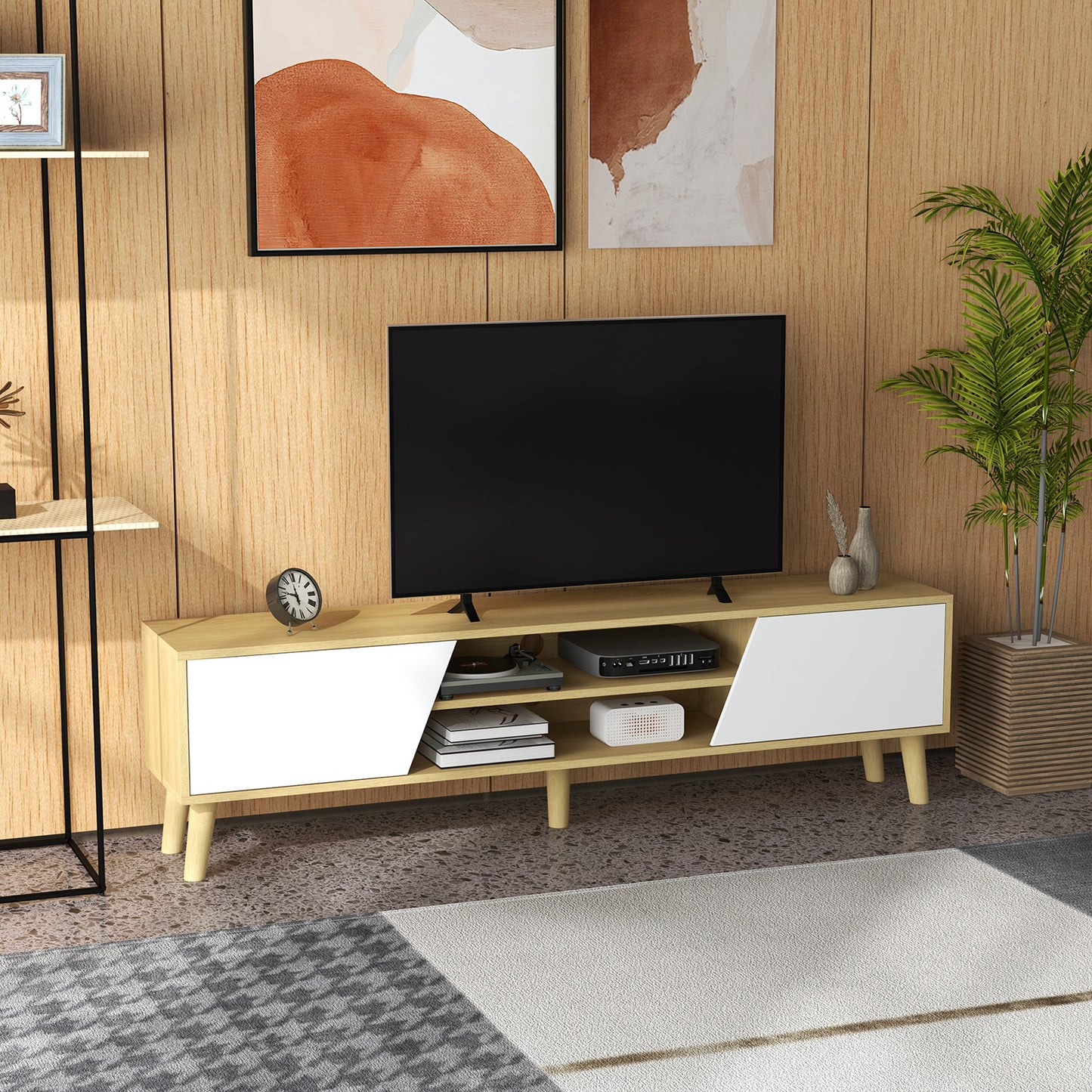 Retro Style TV Stand Cabinet Unit For TVs up to 65", TV Cabinet With Storage Shelves and Soft Closing Door Cupboard For Living Room, Bedroom, Oak and White