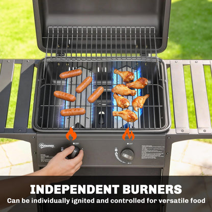 2 Burner Gas BBQ Grill | 1800cm² Enamel Grid | Side Tables | Warming Rack | Lid Thermometer | Grease Tray | UKCA | Black