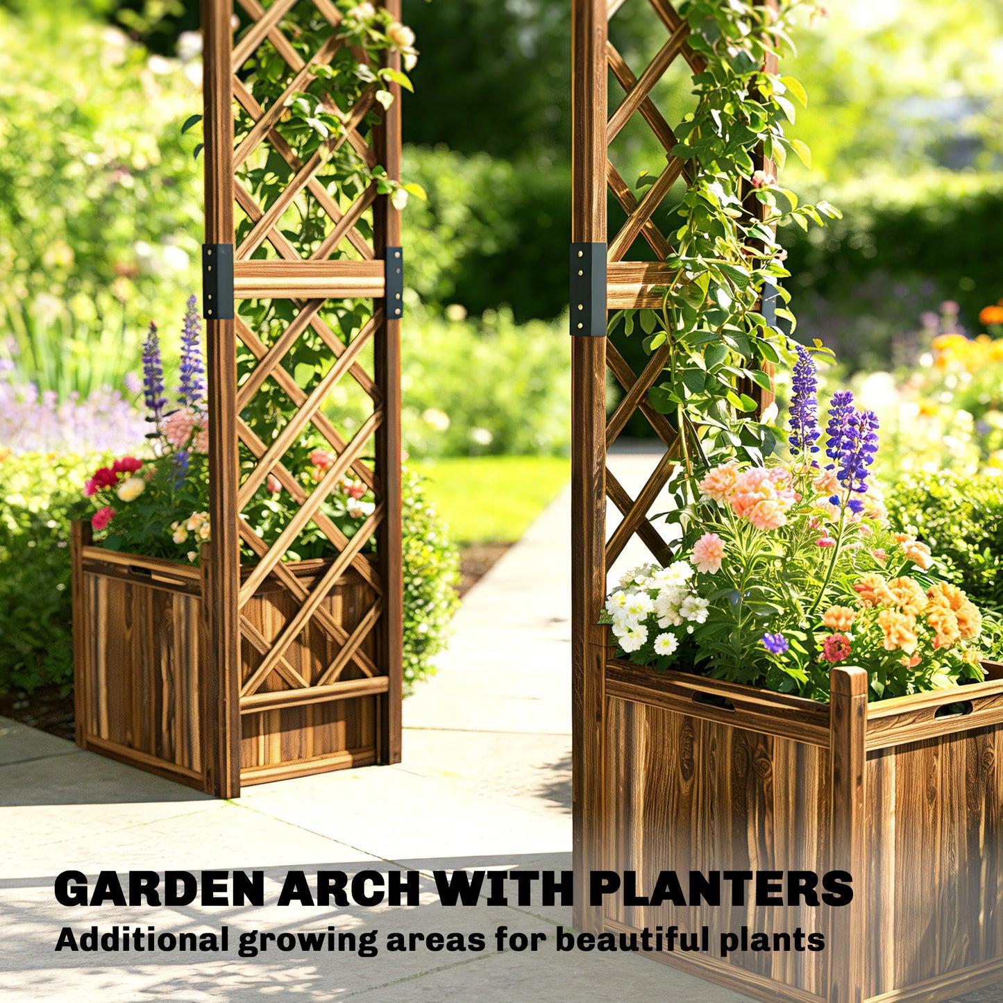 Wooden Garden Arch with 2 Planter Boxes | Trellis for Climbing Vines & Roses | Carbonised Fir Wood | Water Lacquer Finish | 25kg Capacity | 170.5x42x200cm | Carbonised