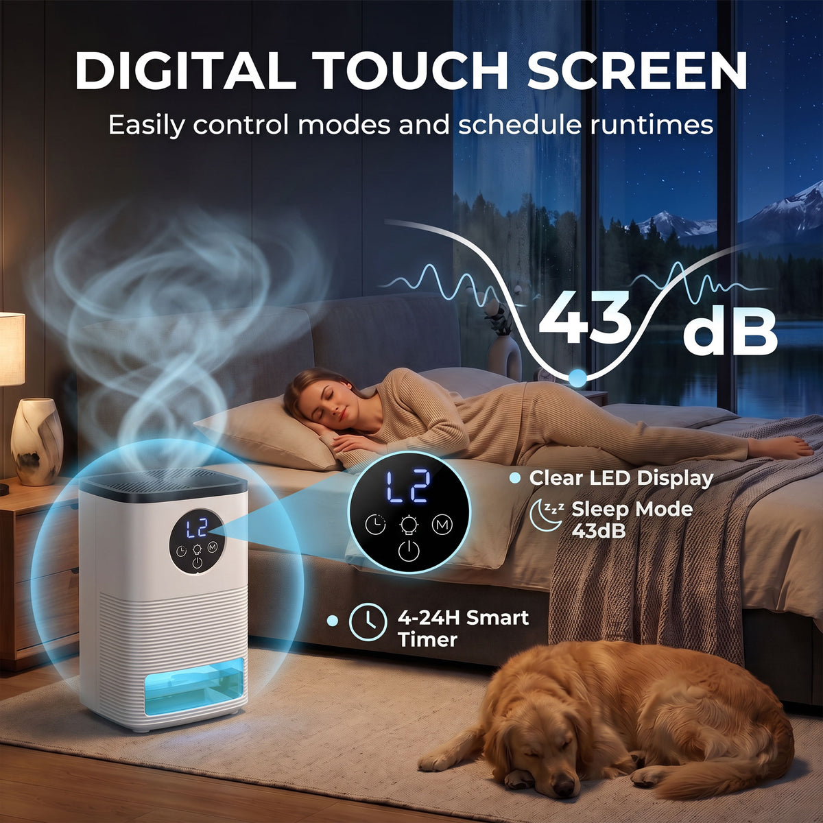 300ml/Day Small Dehumidifier | 1.4L Tank (133hrs) | 7-Colour RGB Mood Light | 43dB Sleep Mode | 4–24H Timer | LED Touch Panel | Auto Shut-Off & Defrost | 15m² | ABS | 15.2x13.5x24cm | White