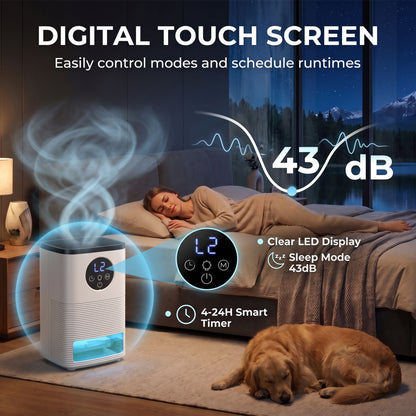 300ml/Day Small Dehumidifier | 1.4L Tank (133hrs) | 7-Colour RGB Mood Light | 43dB Sleep Mode | 4–24H Timer | LED Touch Panel | Auto Shut-Off & Defrost | 15m² | ABS | 15.2x13.5x24cm | White