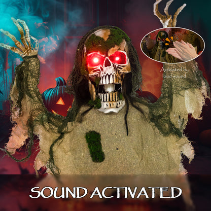 Halloween Animated Skeleton with Glowing LED Eyes, Half-Body Scary Halloween Decorations, Battery Operated, Indoor Party Props