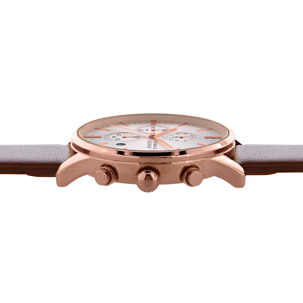 Thomas & George Ottawa 43 Quartz Chronograph Watch | 43mm Round Rose-Gold-Tone Case & Silver Dial | 20mm Brown Leather Strap